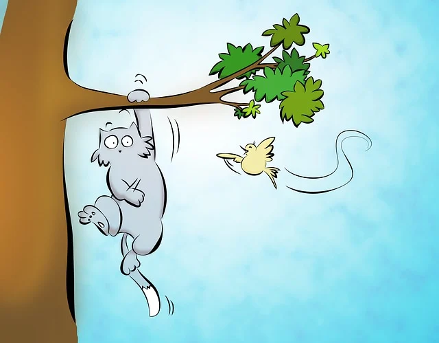 Chat qui chasse un oiseau